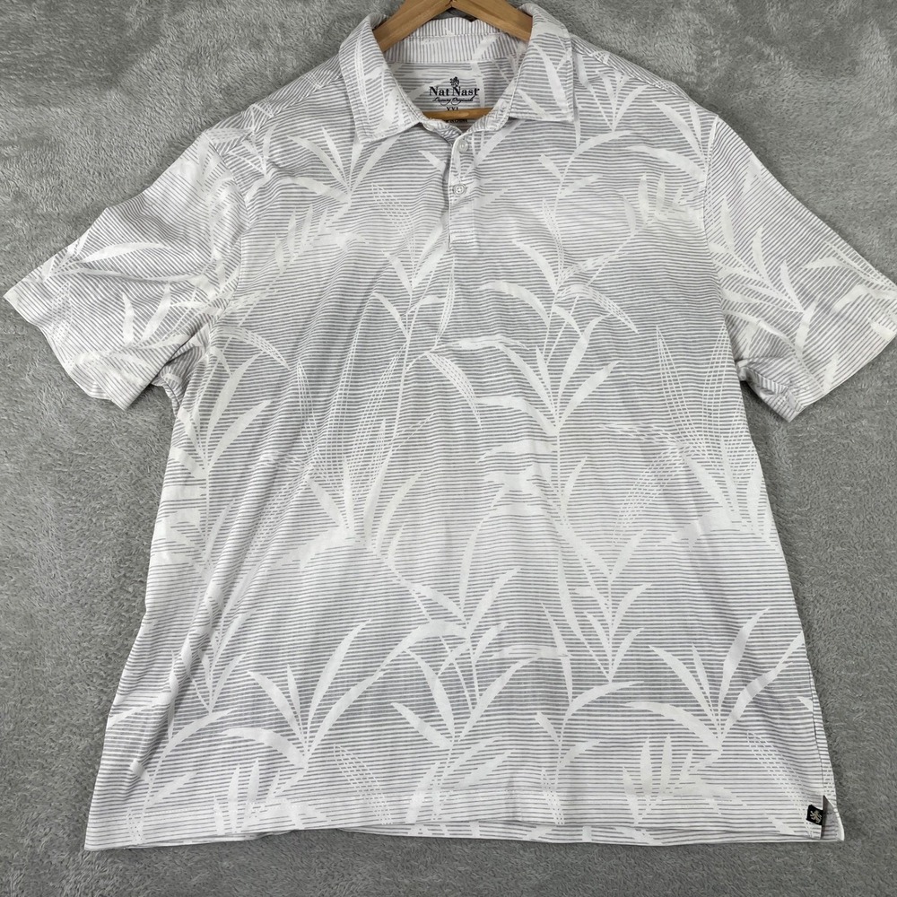 Nat Nast Polo Shirt Mens 2XL White Grey Palm Leaf Striped Coastal Resortwear
